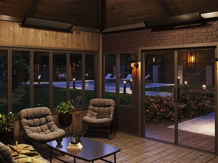 Aura Shadow zero light electric heaters in an enclosed patio